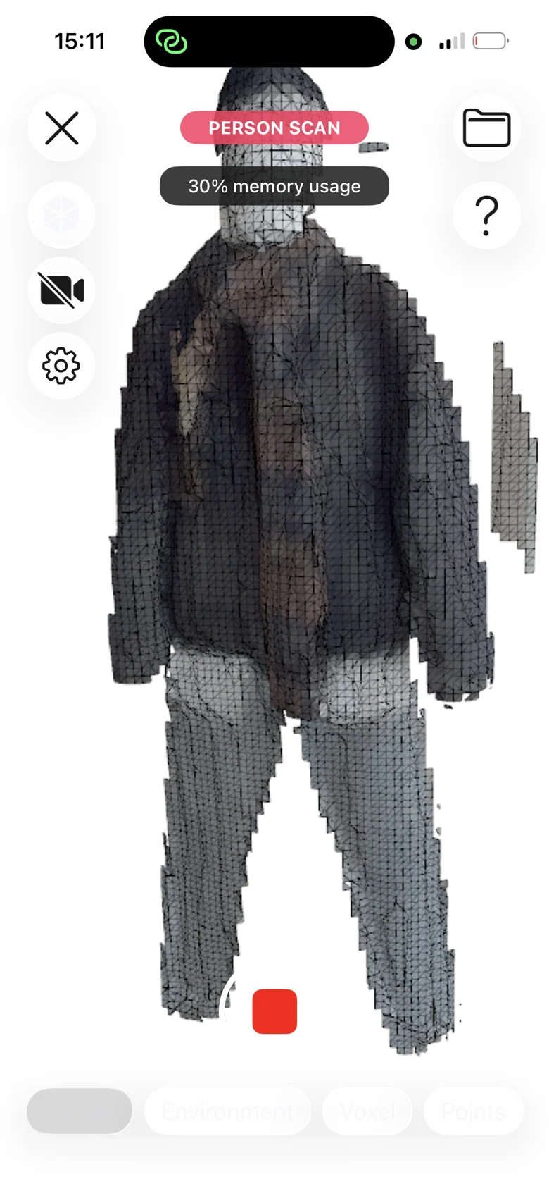Person scan in progress — a person captured as a 3D point model