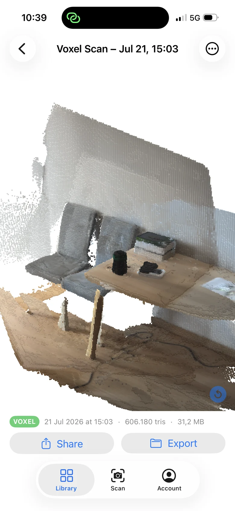 Voxel scan of a desk with chairs shown in the LiDARo library