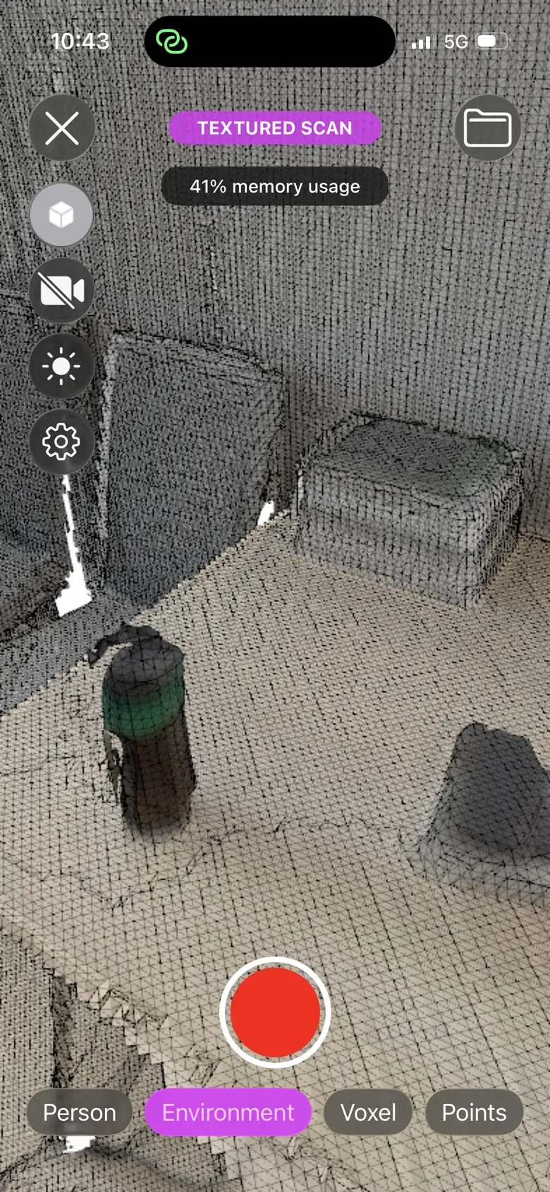 Live textured scan in progress — a room captured as a shaded 3D mesh